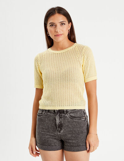 Pull manches courtes ajouré jaune moutarde femme