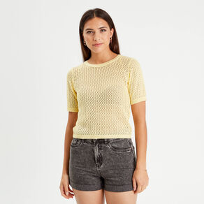 pull manches courtes ajoure jaune moutarde femme Pull manches courtes ajouré jaune moutarde femme