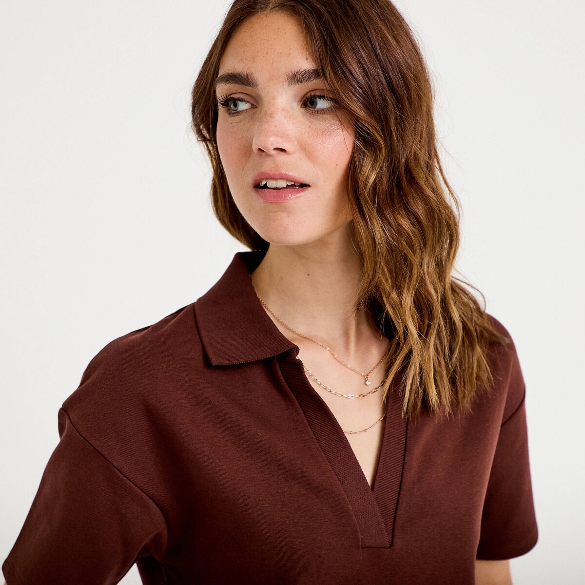 Sweat col chemise manches courtes marron femme