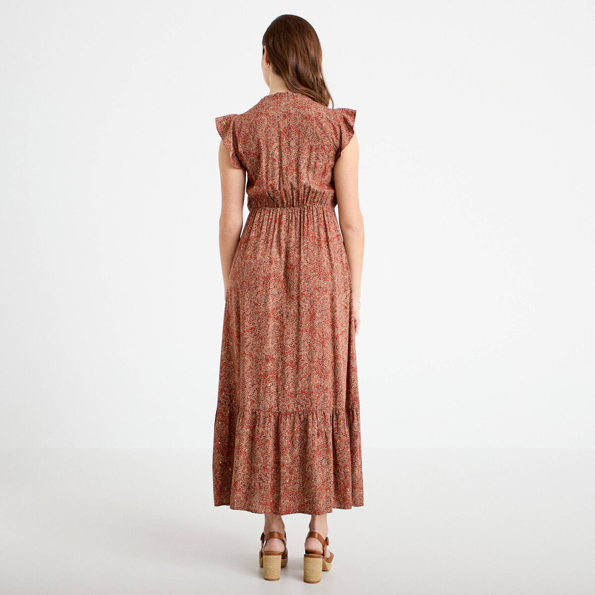 Robe longue &eacute;vas&eacute;e col v manches courtes rouge fonc&eacute; femme