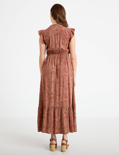 Robe longue &eacute;vas&eacute;e col v manches courtes rouge fonc&eacute; femme