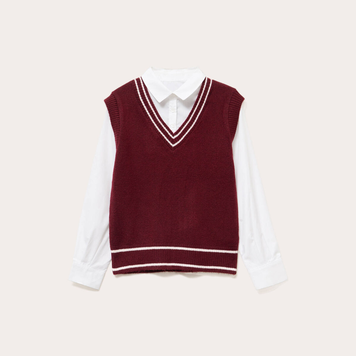 Pull 2-en-1 col en V rouge foncé femme
