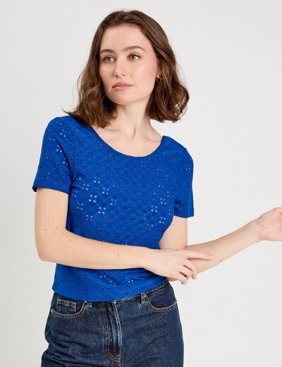 T-shirt broderie anglaise bleu electrique femme