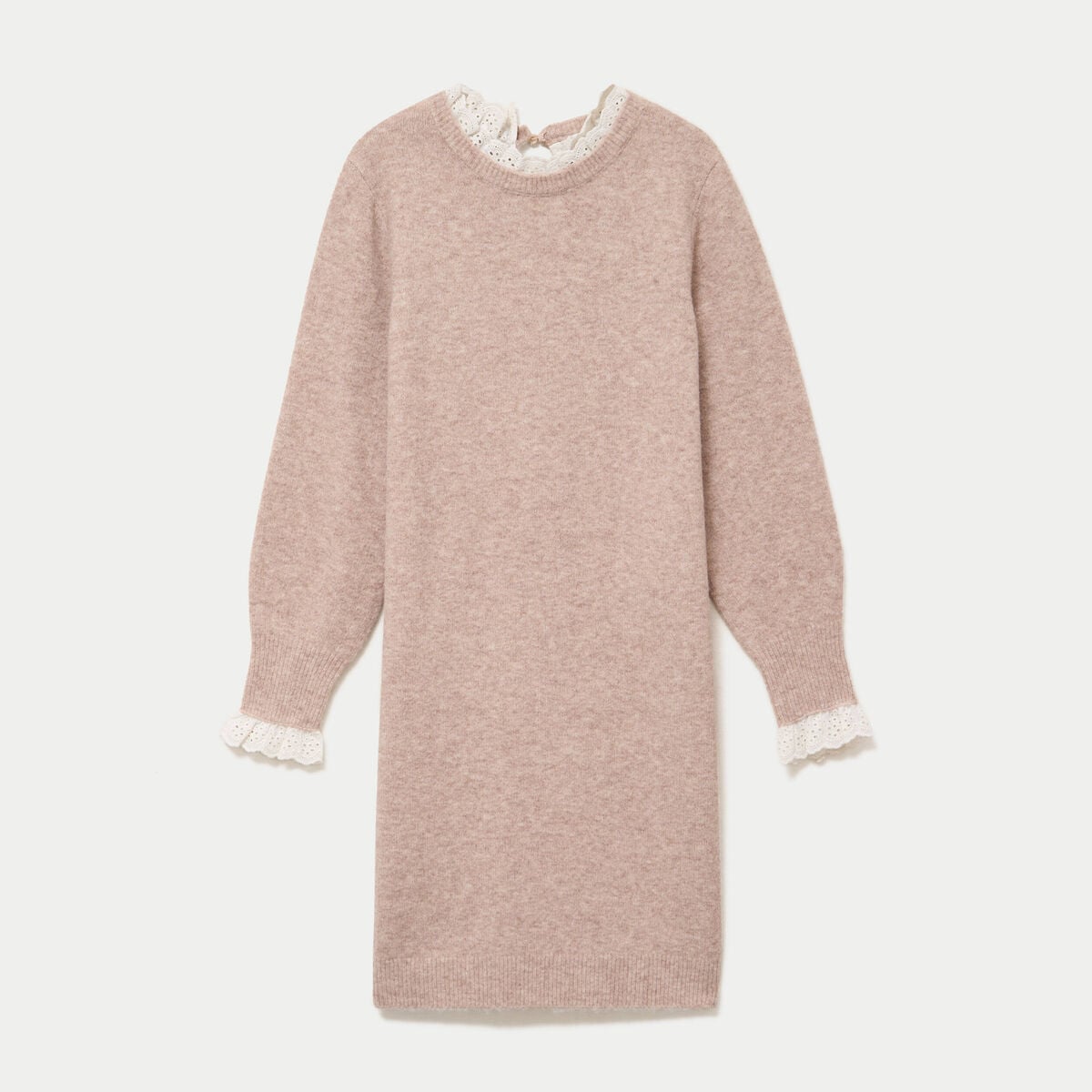 Robe pull ajust&eacute;e col rond dentelle taupe femme