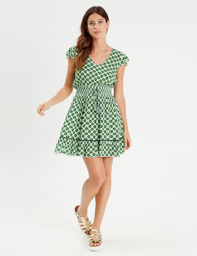 Robe évasée taille smockée vert femme