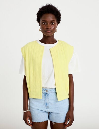 Gilet barman ample cropped pliss&eacute; jaune citron femme