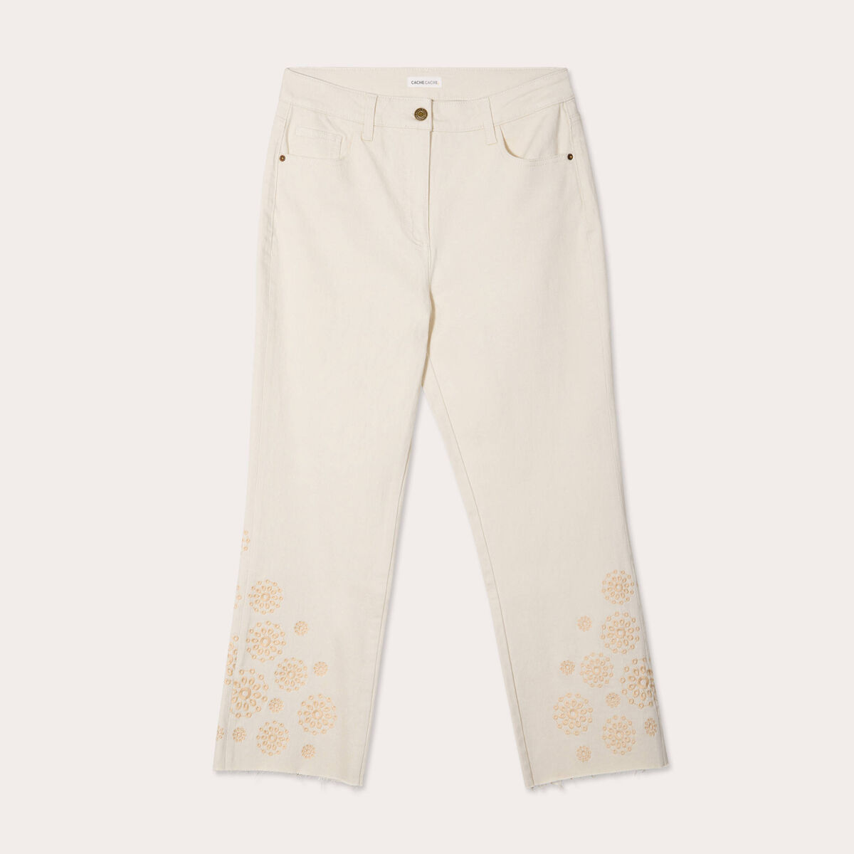 Pantalon large brodé 7/8ème ecru femme
