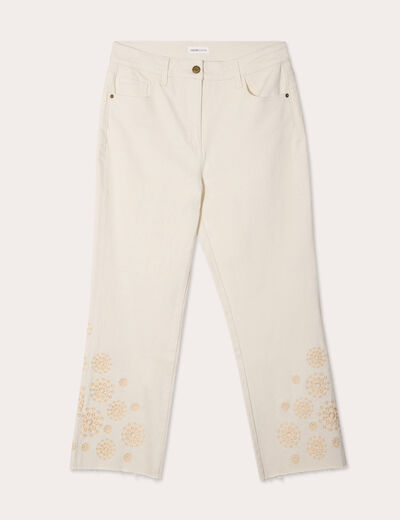 Pantalon large brodé 7/8ème ecru femme