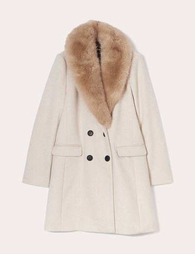 Manteau col fausse fourrure beige femme