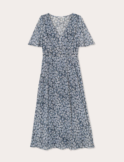 Robe longue évasée col en V bleu femme