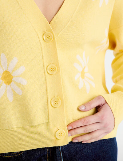 Gilet col v motif fleur jaune clair femme