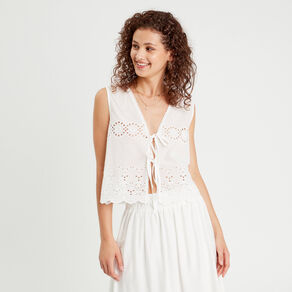 Blouse sans manches brodée blanc femme