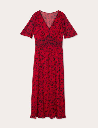 Robe longue évasée col en V rouge femme
