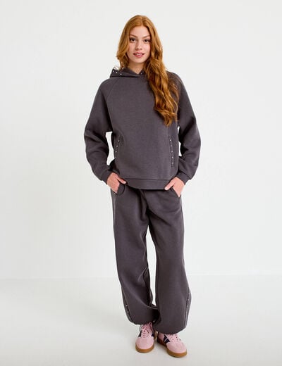 Jogging &agrave; d&eacute;tails clout&eacute;s taille basse gris fonc&eacute; femme
