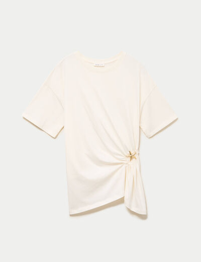 T-shirt &agrave; fronces avec bijou ecru femme