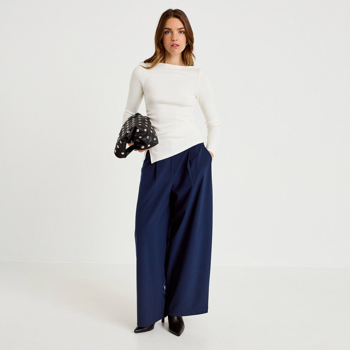Top ajust&eacute; manches longues col rond ecru femme