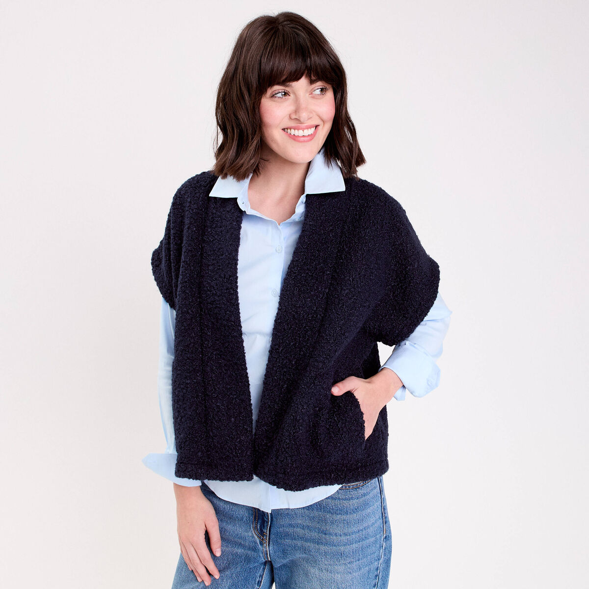 Gilet polaire manches courtes bleu marine femme