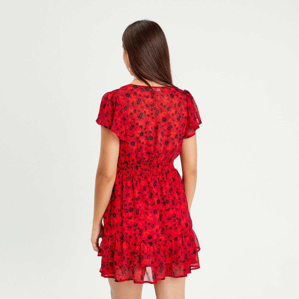 Robe évasée à volants rouge femme