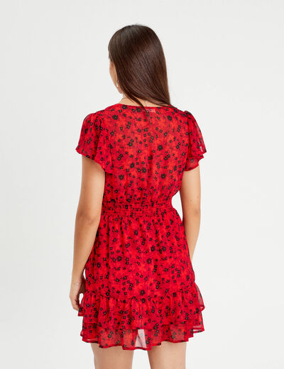 Robe évasée à volants rouge femme