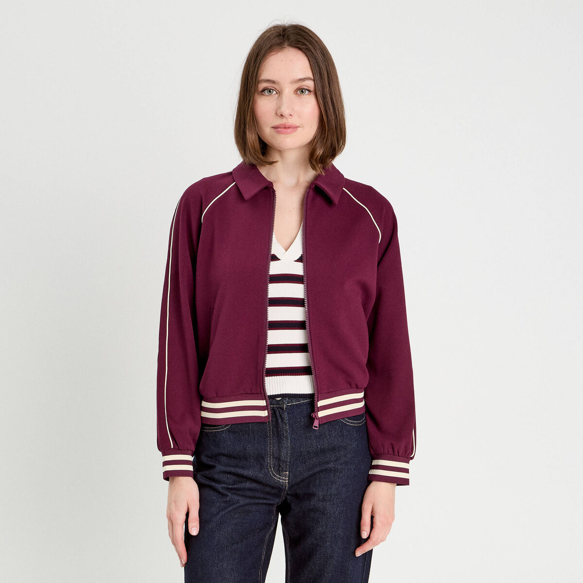 Sweat zippé manches longues prune femme