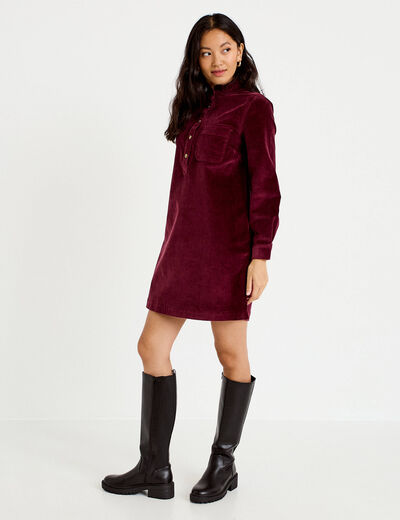 Robe &eacute;vas&eacute;e velours col montant bordeaux femme
