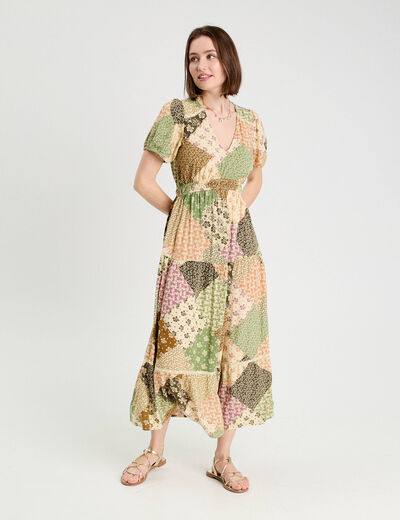 Robe longue évasée beige femme