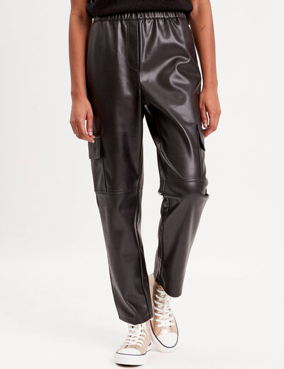 Pantalon cargo simili cuir noir femme