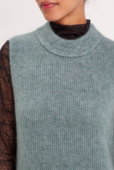 Pull sans manches col roulé vert foncé femme