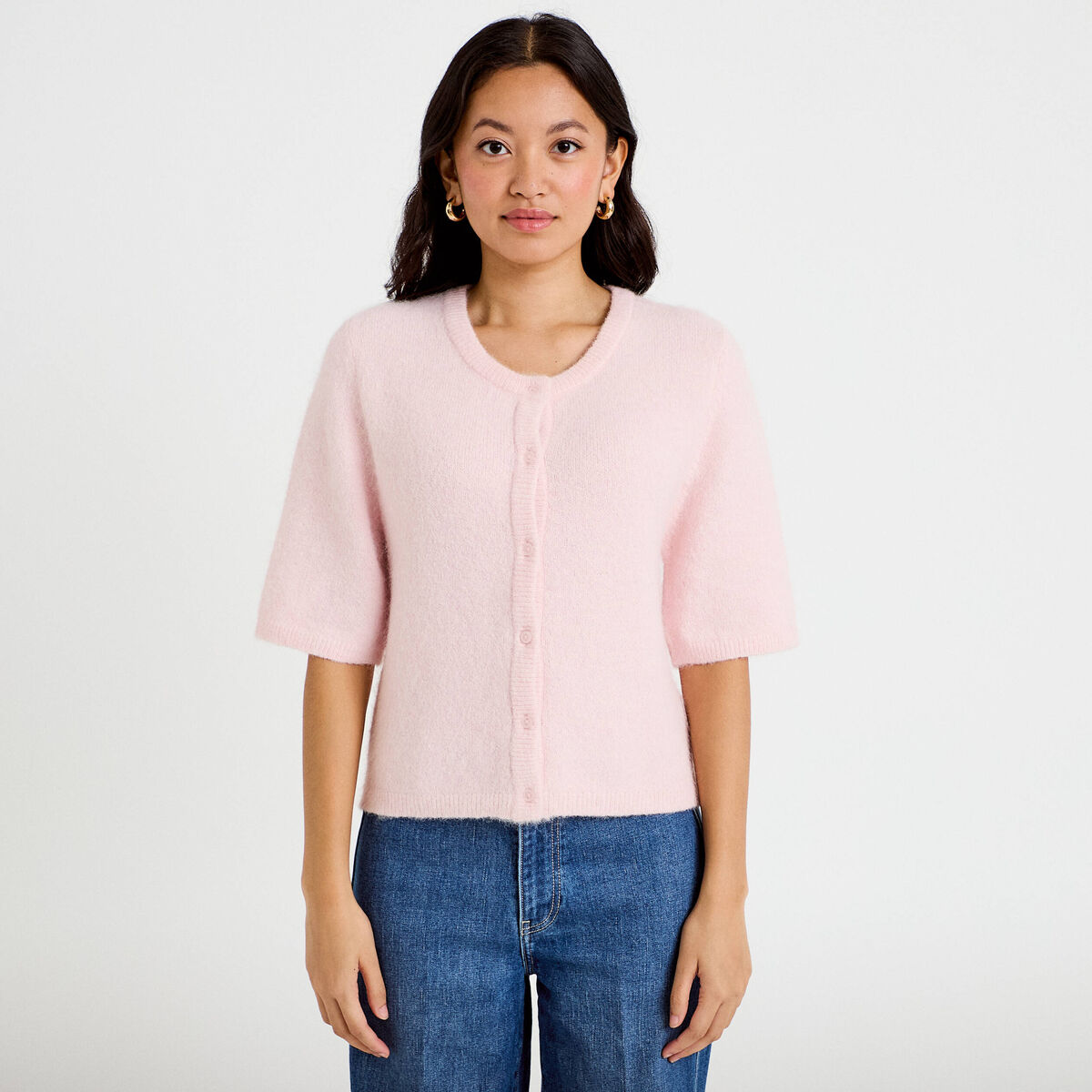 Gilet duveteux manches 3/4 rose clair femme