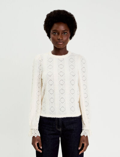 Top dentelle manches longues col rond ivoire femme
