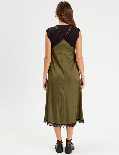 Robe midi évasée satin vert kaki femme