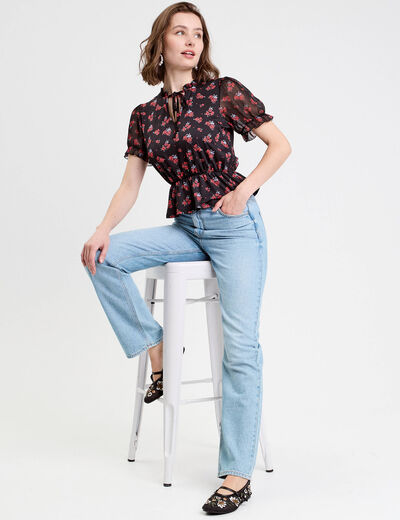 Blouse col V manches courtes noir femme