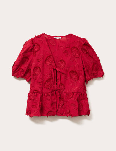 Blouse manches courtes noeuds rouge foncé femme