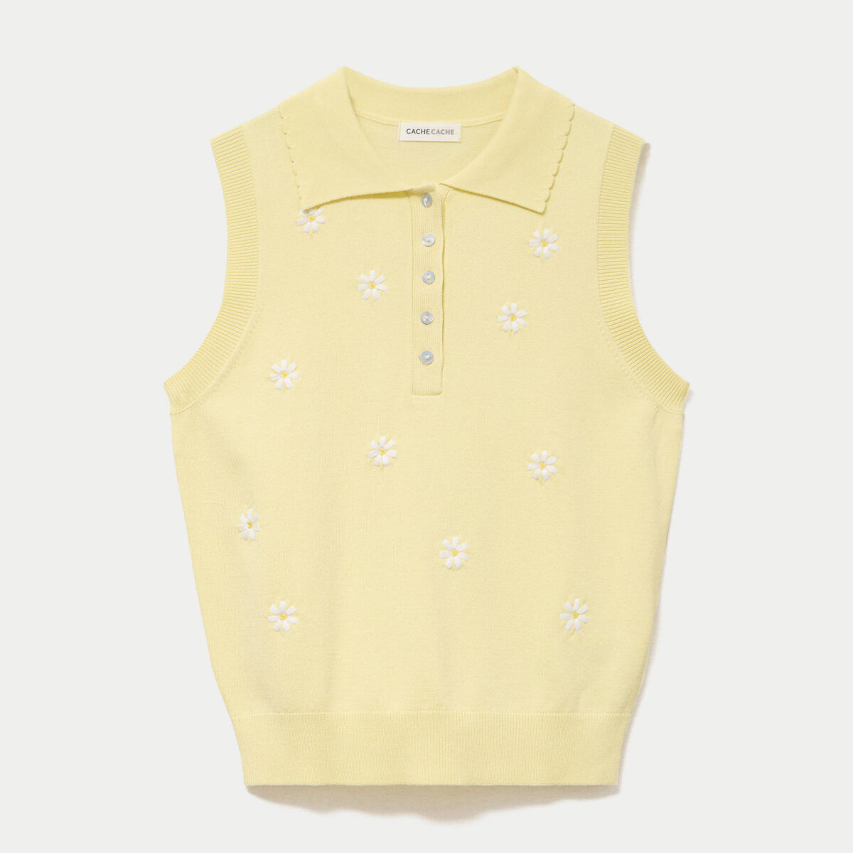 Polo sans manches col chemise brod&eacute; jaune clair femme
