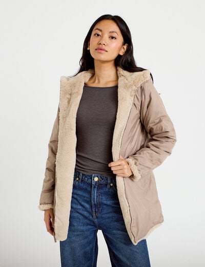 Parka r&eacute;versible 3/4 &agrave; capuche beige femme