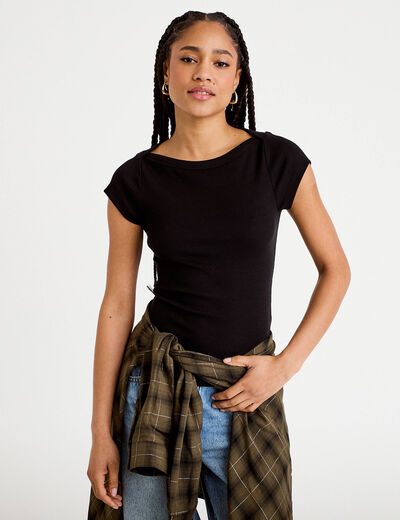 T-shirt cintr&eacute; col bateau noir femme