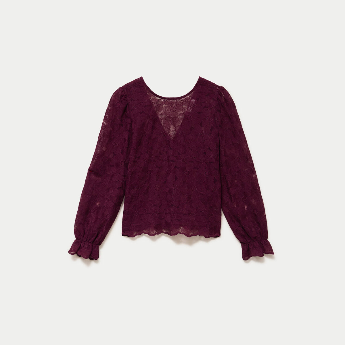 Blouse droite col v en dentelle prune femme