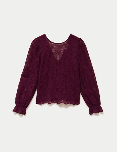 Blouse droite col v en dentelle prune femme