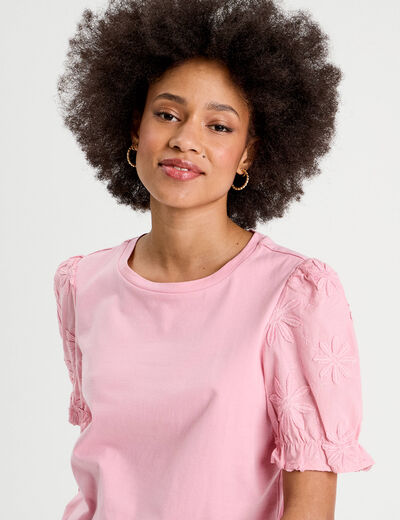 T-shirt manches brodées rose poudrée femme