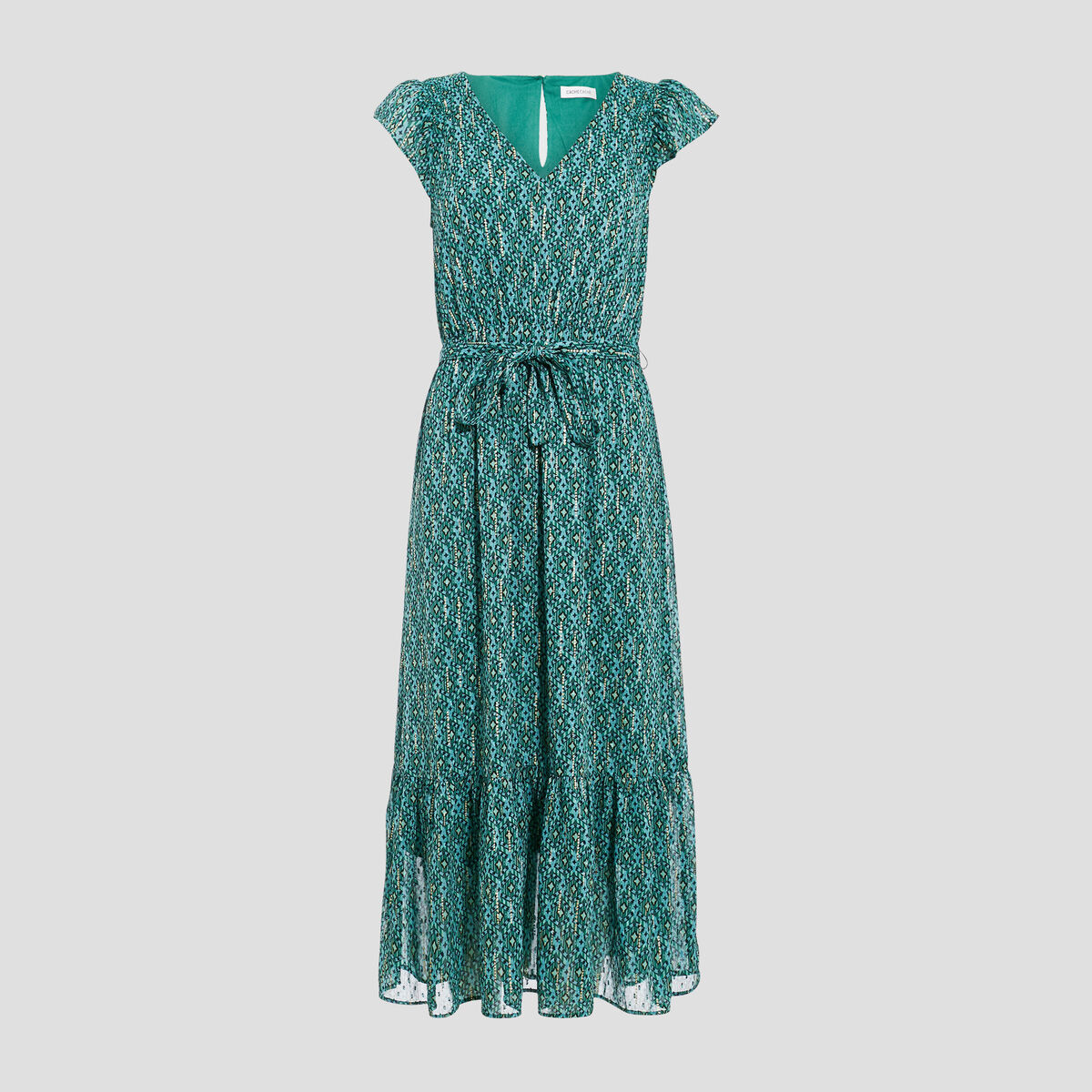 Robe longue évasée ceinturée vert femme
