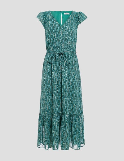Robe longue évasée ceinturée vert femme