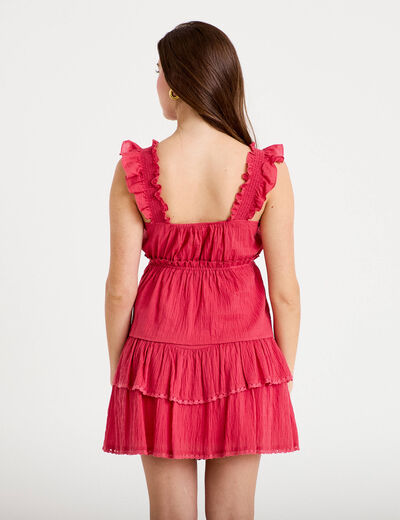Top pliss&eacute; col carr&eacute; fines bretelles rose framboise femme