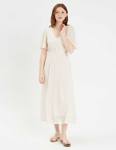 Robe longue évasée dentelle ecru femme