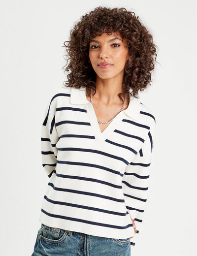 Pull manches longues col polo ecru femme