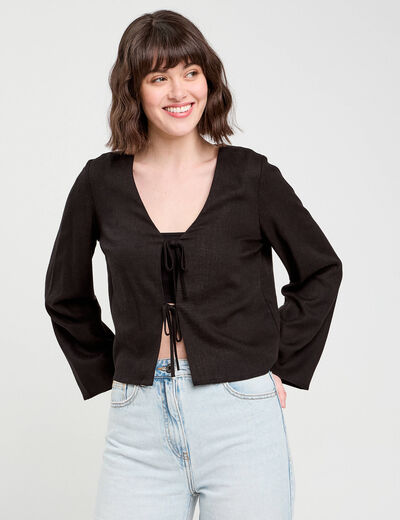 Blouse nouée mélange lin noir femme