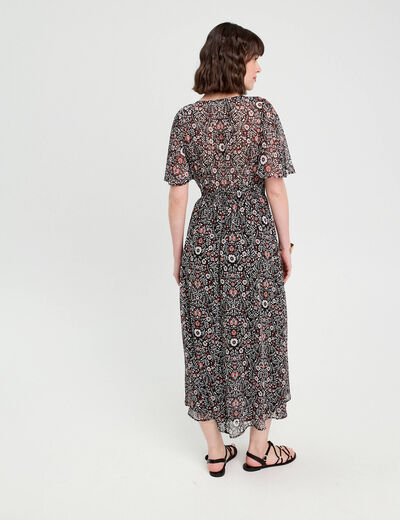 Robe longue évasée col en V noir femme