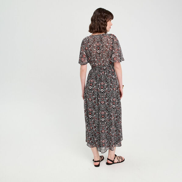 Robe longue évasée col en V noir femme