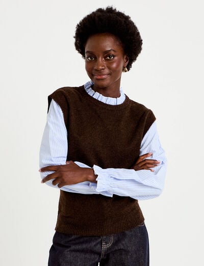 Pull 2-en-1 col chemise manches longues marron fonc&eacute; femme