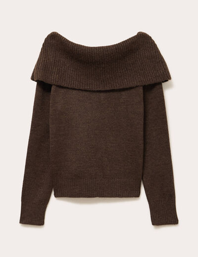 Pull col bardot &agrave; motif manches longues marron femme