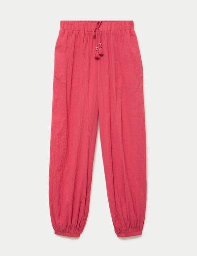 Pantalon large taille haute pliss&eacute; rose framboise femme